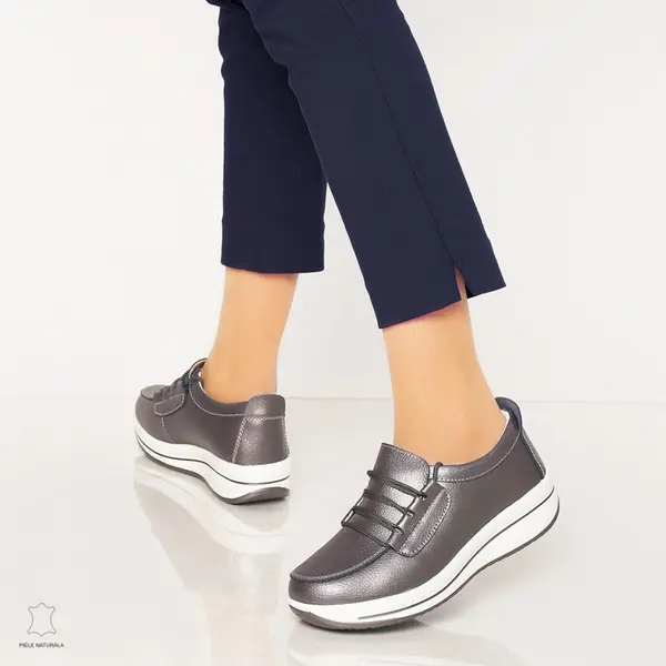Pantofi casual de dama din piele naturala cu talpa groasa CRL0005 Pewter
