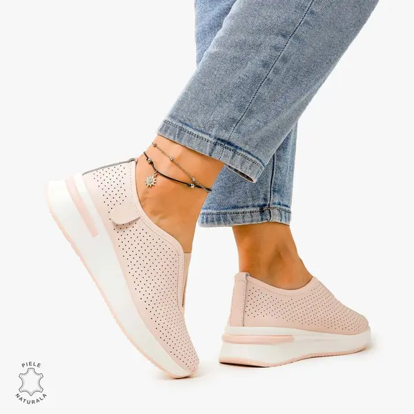 Pantofi Casual de dama din Piele Naturala PERFORATA CU ELASTIC CRL1200 ROZ