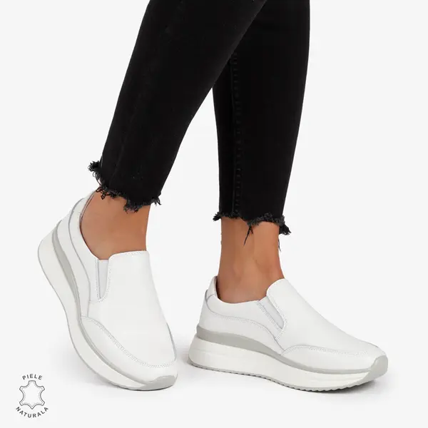Pantofi Casual de dama din Piele Naturala Slip-On CRL1204 ALB