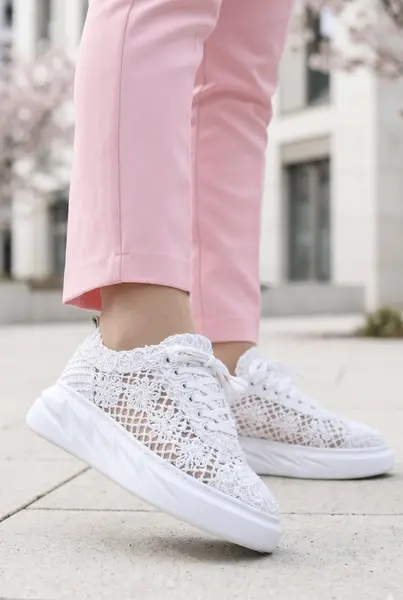 Pantofi Casual din Piele cu Dantela - Sandy WHITE