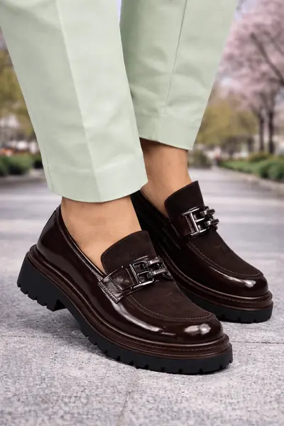 Pantofi Casual din Piele Maro cu Accesoriu - ZEKA BROWN