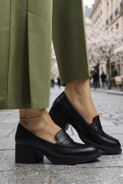 Pantofi Casual din Piele Negri cu Toc - BLACKS