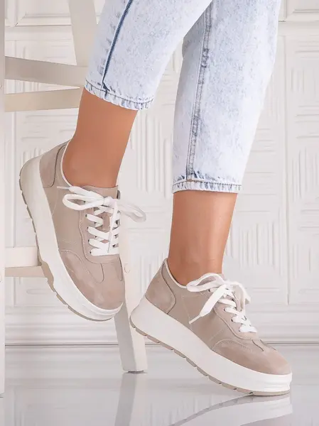 Pantofi dama casual Bej din Piele Naturala Intoarsa si textil Narella