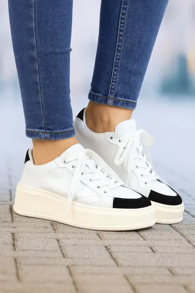Pantofi Dama din Piele Alb cu Negru - TORA WHITE