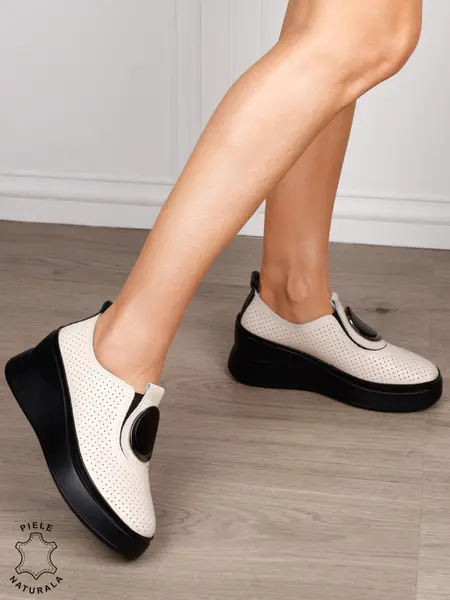 Pantofi damă din piele naturală model comod cu element decorativ frontal CRL1443 BEJ