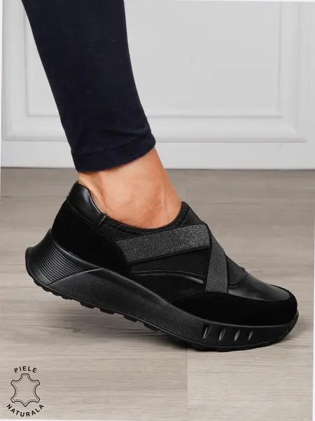Pantofi dama din Piele Naturala slip-on cu elastic CRL1545 NEGRU