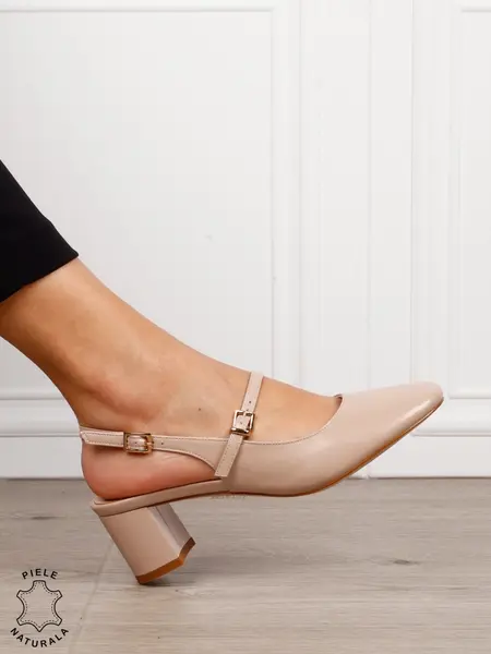 Pantofi dama eleganti cu toc gros si inchidere dubla CRL1608 BEJ