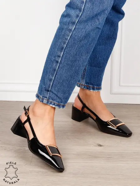 Pantofi dama eleganti din piele naturala cu toc gros mic CRL1615 Negru