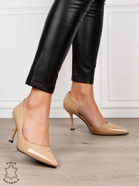 Pantofi dama eleganti din piele naturala Lacuita cu toc subtire clasic CRL1636 BEJ