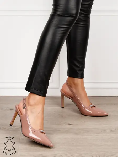 Pantofi dama eleganti din piele naturala Lacuita cu toc subtire clasic CRL1635 ROZ