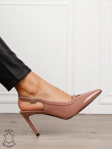 Pantofi dama eleganti din piele naturala Lacuita cu toc subtire clasic CRL1635 ROZ