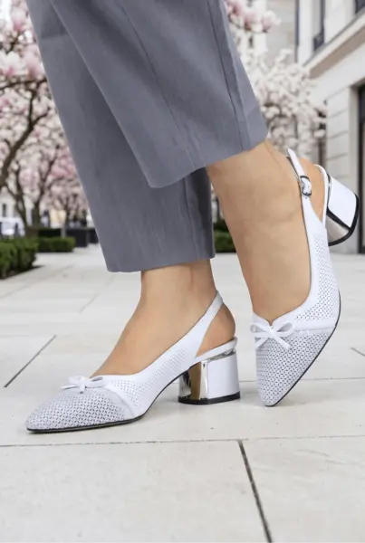 Pantofi Eleganti cu Toc Decupati din Piele Albi - WYV WHITE
