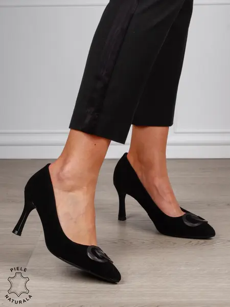 Pantofi Eleganti dama din piele naturala intoarsa cu catarama CRL1576 NEGRU