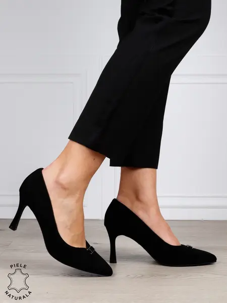 Pantofi Eleganti dama din piele naturala intoarsa cu catarama CRL1577 NEGRU