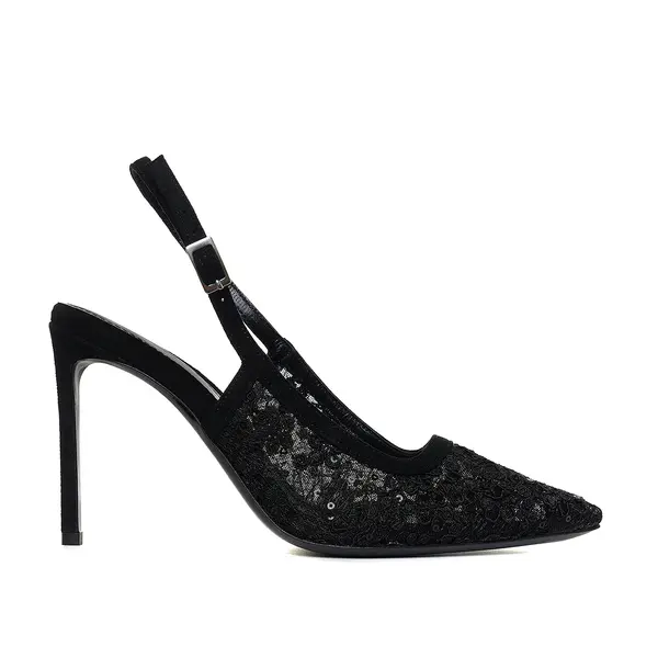 Pantofi Iana Piele Intoarsa/Dantela, Negri - Premium Collection - 35 / 10 cm