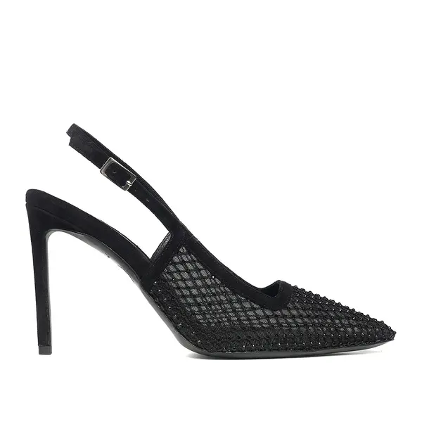 Pantofi Iana Piele Intoarsa/Plasa cu Aplicatii Stralucitoare, Negru - Premium Collection - 38 / 10 cm