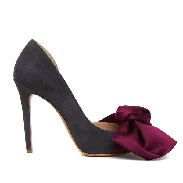 Pantofi Samantha cu Funda, Piele Intoarsa, Gri Inchis/Burgundy - 34 / 11 cm