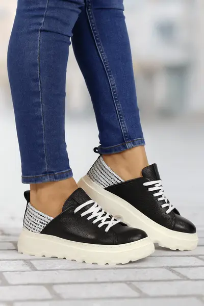 Pantofi Sport Dama din Piele Negri cu Alb - ATTY