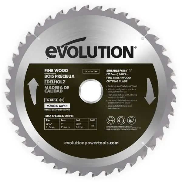 Panza circular pentru taiere fina a lemnului, pentru fierastraie circulare Evolution 210mm, Ø210 x 25.4 mm, 40 de dinti TCT