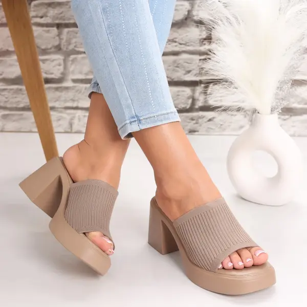 Papuci dama cu toc Kaki din Textil Jexa