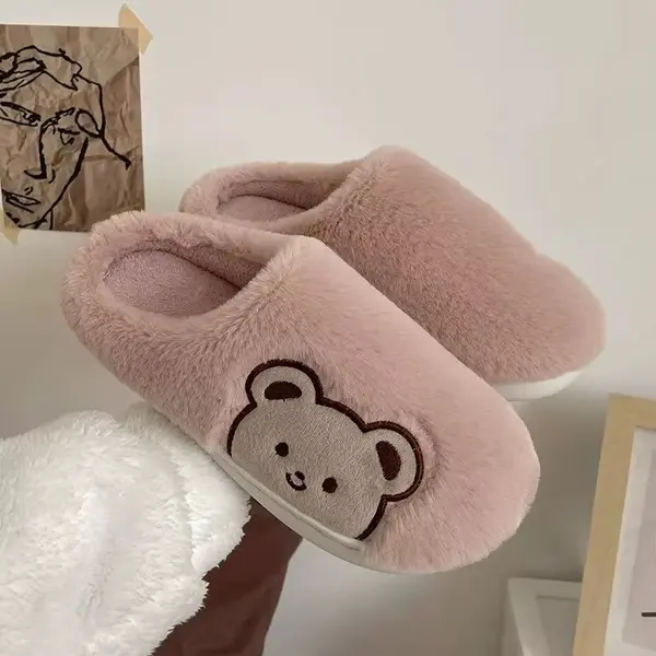 Papuci de casa pentru femei PC014, Fluffy Bears, Roz