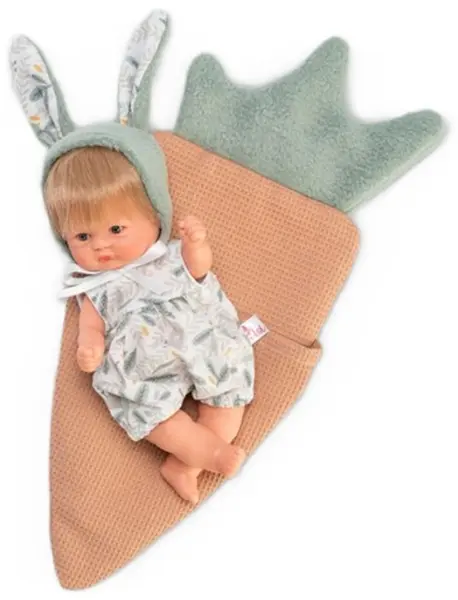 Păpușa Asi Dolls Bomboncin - Baby Chiquita, cu urechi de iepure și săculeț cu morcovi, 20 cm