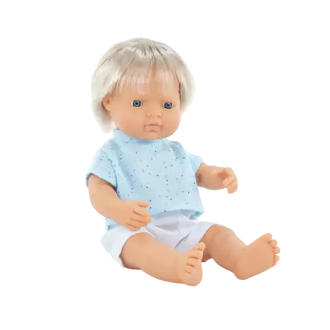 Papusa baiat caucazian blond 38 cm cu tricoul bleu, corp parfumat, colectia My Friends and Me