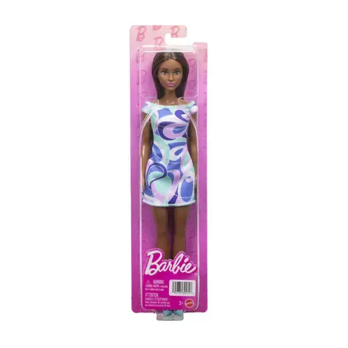 Papusa Barbie Bruneta cu rochie multicolora