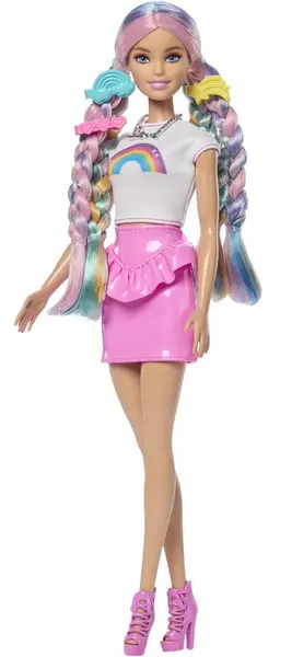 Păpuşă Barbie - Cu păr extra lung, fustă roz și accesorii de păr
