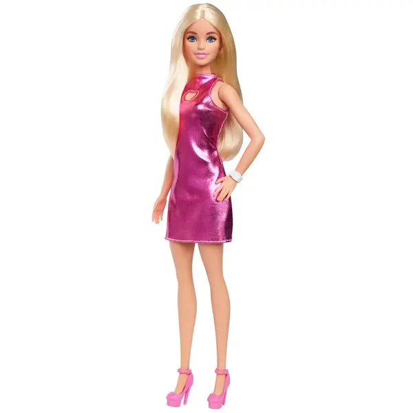 Papusa Barbie Fashionista cu rochie roz metalica