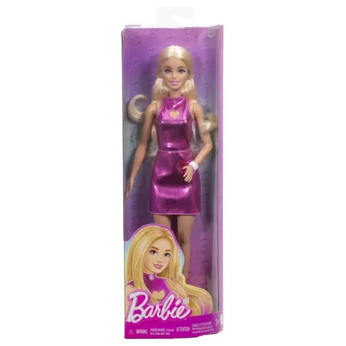 Papusa Barbie Fashionistas -Barbie blonda cu rochita roz metalica