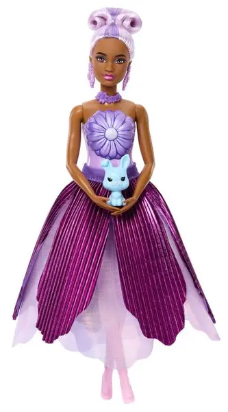 Păpușă Barbie Petal Pop - Barbie cu surpriză, rochie cu margaretă mov, 30 cm