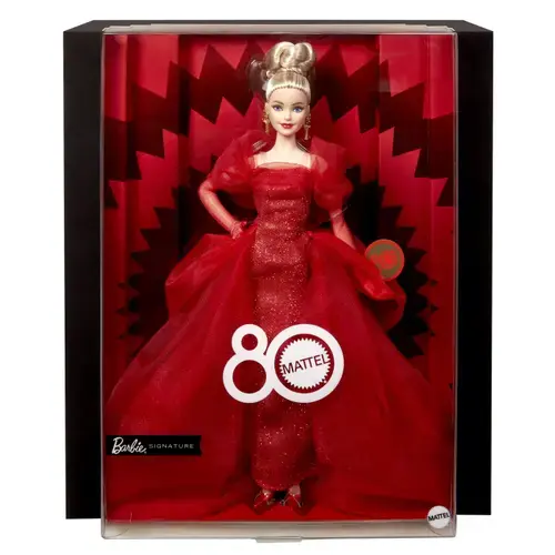 Papusa Barbie Signature - Aniversarea a 80 de ani, intr-o rochie festiva si par blond