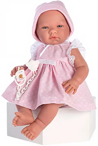 Păpuşă -bebe - Maria, într-o rochie roz cu buline, 43 cm