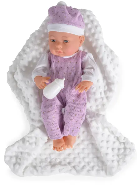 Papusa bebe Moni - Cu body mov si paturica alba, 41 cm