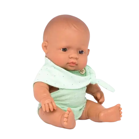 Papusa bebelus educativa 21 cm, Baiat hispanic in compleu verde, corp parfumat