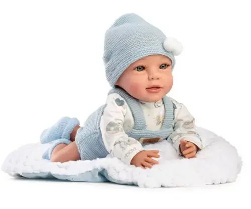 Papusa bebelus Guca Jairo, 38 cm, corp moale textil, cu salopeta si paturica