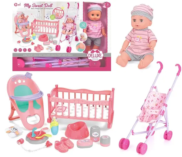 Păpușă care face pipi Sonne - Cu căruț și accesorii, 30 cm