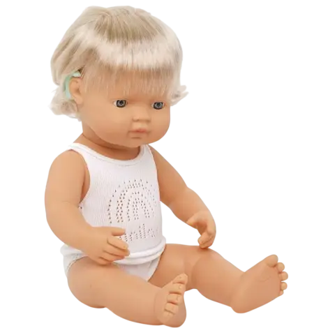 Papusa educationala 38 cm Fetita Europeana cu Aparat Auditiv