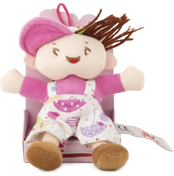 Păpușă moale Amec Toys - Fetiță cu căciuliță roz, 14 cm