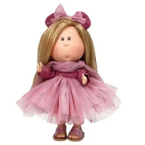 Papusa Nines D Onil, Mia, cu parul blond si funda roz, cu articulatii, cu miros de vanilie, 30 cm