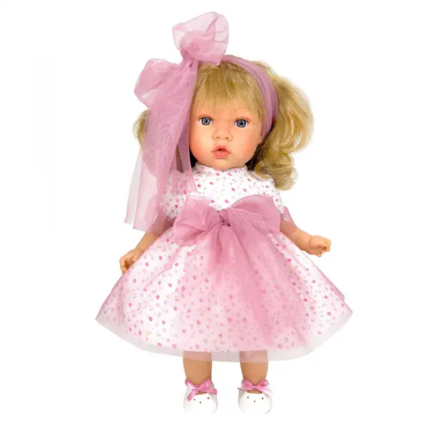 Papusa Nines D Onil, Susette Tul, cu parul blond, cu sunete, cu funda roz, cu miros de vanilie, 45 cm