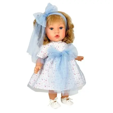 Papusa Nines DOnil, Susette Tul, cu parul blond, cu sunete, cu funda albastra, cu miros de vanilie, 45 cm