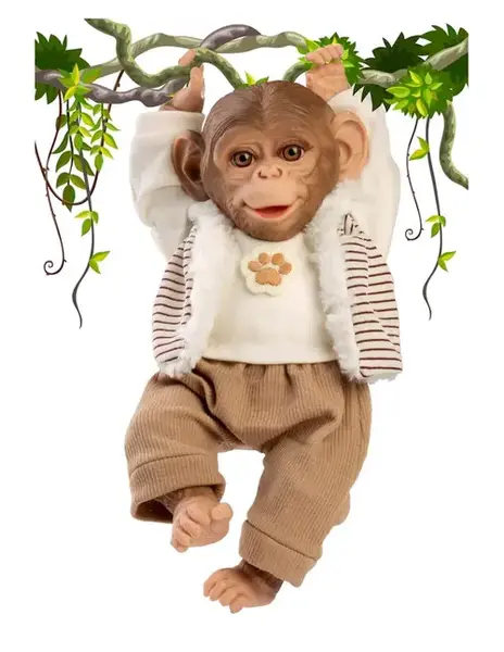Papusa reborn maimuta Guca, 32 cm, corp din material textil, design expresiv si pietenos, cu pantalon raiat bej, tricou si hanorac, 3 ani+