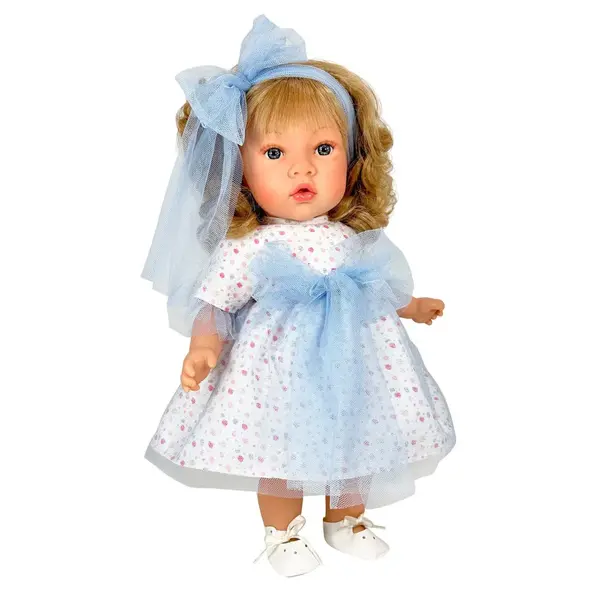 Papusa Susete Tul cu par blond si funda albastra, cu sunet si miros de vanlie,Nines D Onil, 45 cm