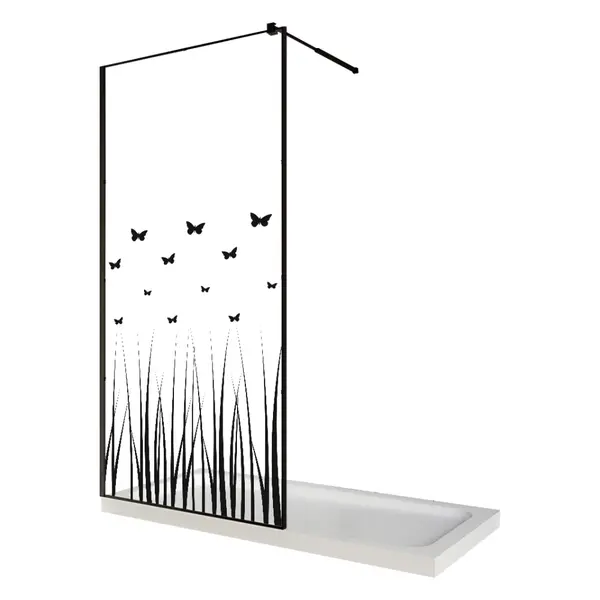Paravan dus walk in / Perete dus sticla cu model Butterfly 103 8 mm profil negru mat tija extensibila 90 x 200 cm