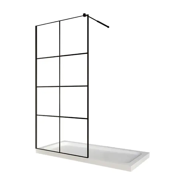 Paravan dus walk in / Perete dus sticla cu model Windows 101 8 mm profil negru mat tija extensibila 80 x 200 cm