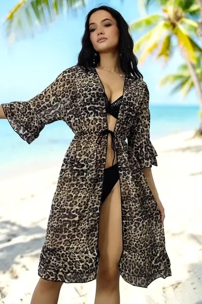 Pareo midi de plaja Amber Print, cu volane feminine si snur reglabil, Leopard print
