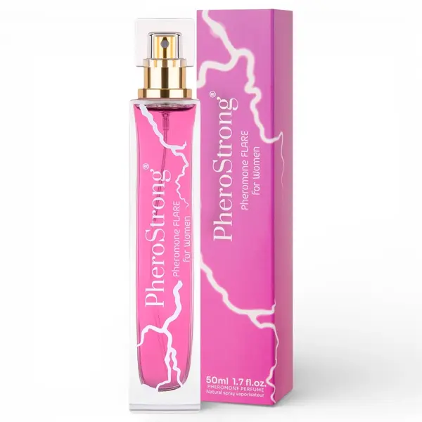 Parfum cu feromoni PHEROSTRONG Pheromone Flare Women, pentru femei, cu note de piper roz, trandafir, vanilie de Madagascar, roz, 50 ml