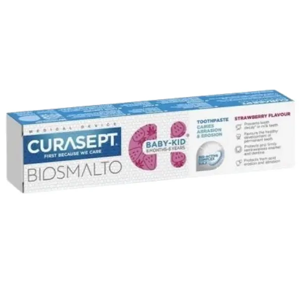 Pasta de dinti cu fluor pentru copii de la 6 luni - 6 ani Biosmalto Baby-Kid, cu aroma de capsuni usor mentolata, Curasept | 50 ml